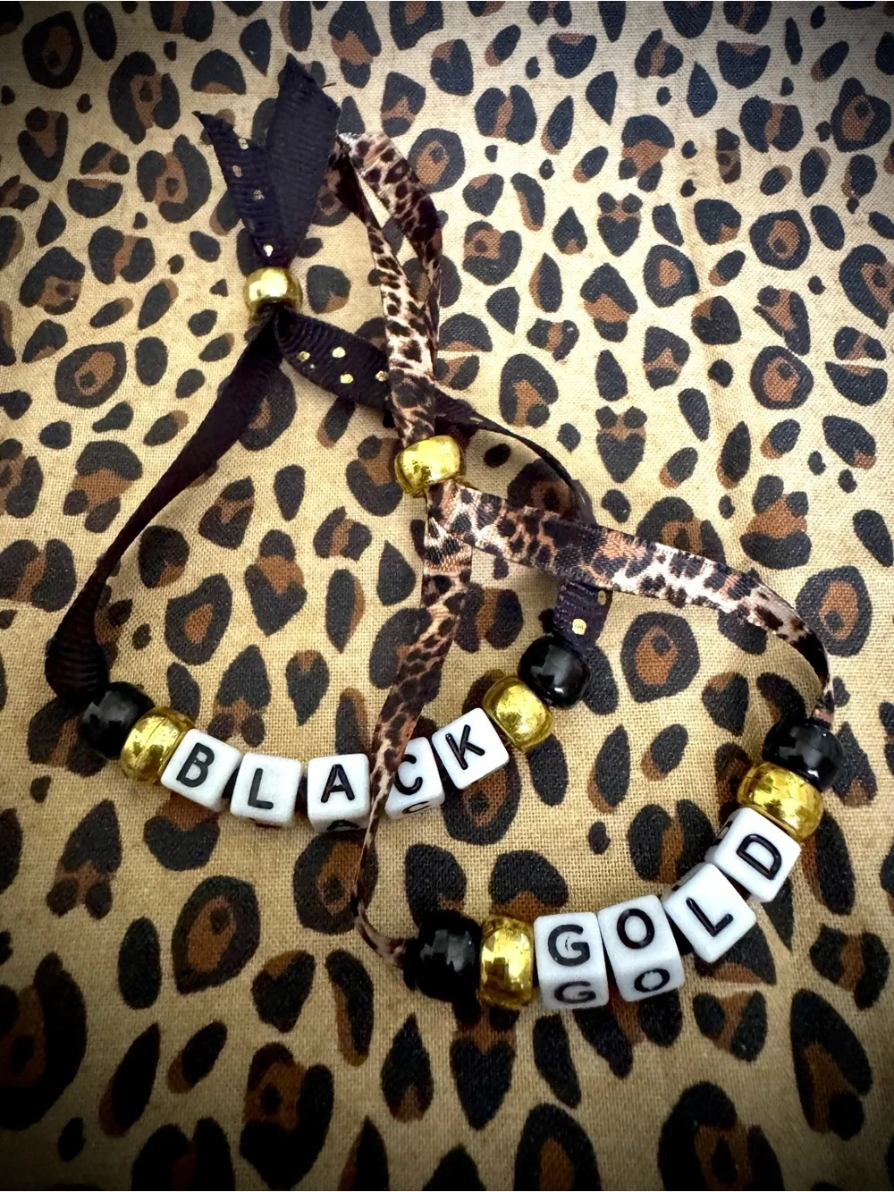 Kids Black & Gold Letter Bead Ribbon Bracelets (stackable)